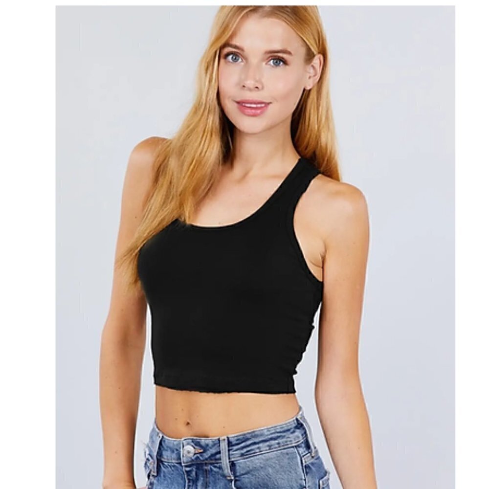 Active USA Women’s Black Spandex Razorback Activewear Workout Crop Tank Top